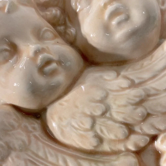 Vintage 1995 Peach Ceramic Cherub Angel Heads W Wings Trinket Dish With Lid - Picture 13 of 16